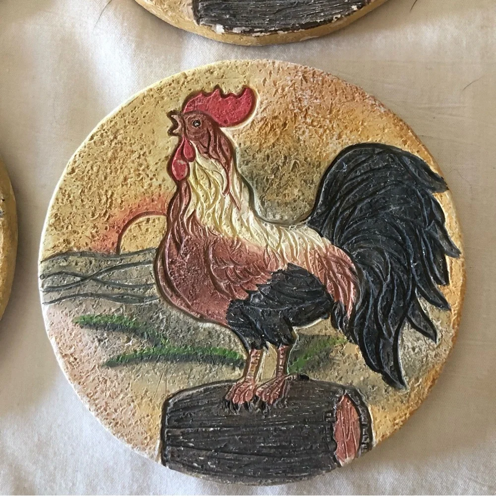 Handpainted Rooster Coaster Set - Rustic Farmhouse Look